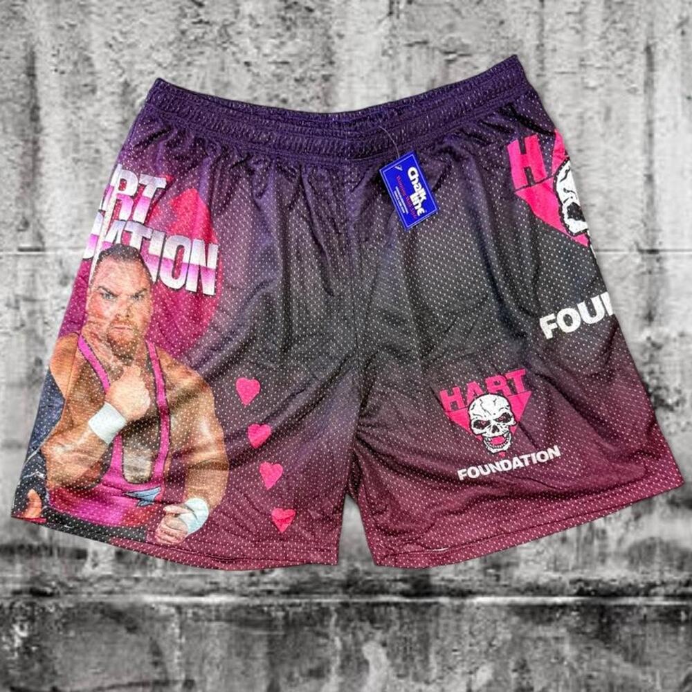 WWE Hart Foundation Bret Hart Jim Neidhart Chalk Line Mesh Shorts 3XL NWT